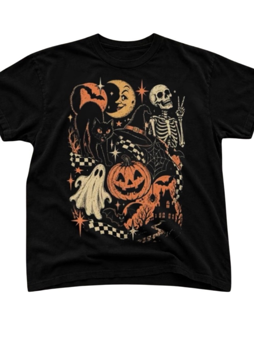 Black Short Sleeve Tee with Orange & Cream Halloween Graphic
